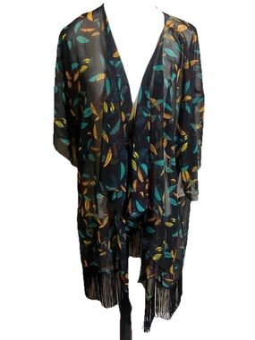 LuLaRoe Kimono Sz L MONROE Draped Collar Sheer Black Leaf Print Fringe Feminine